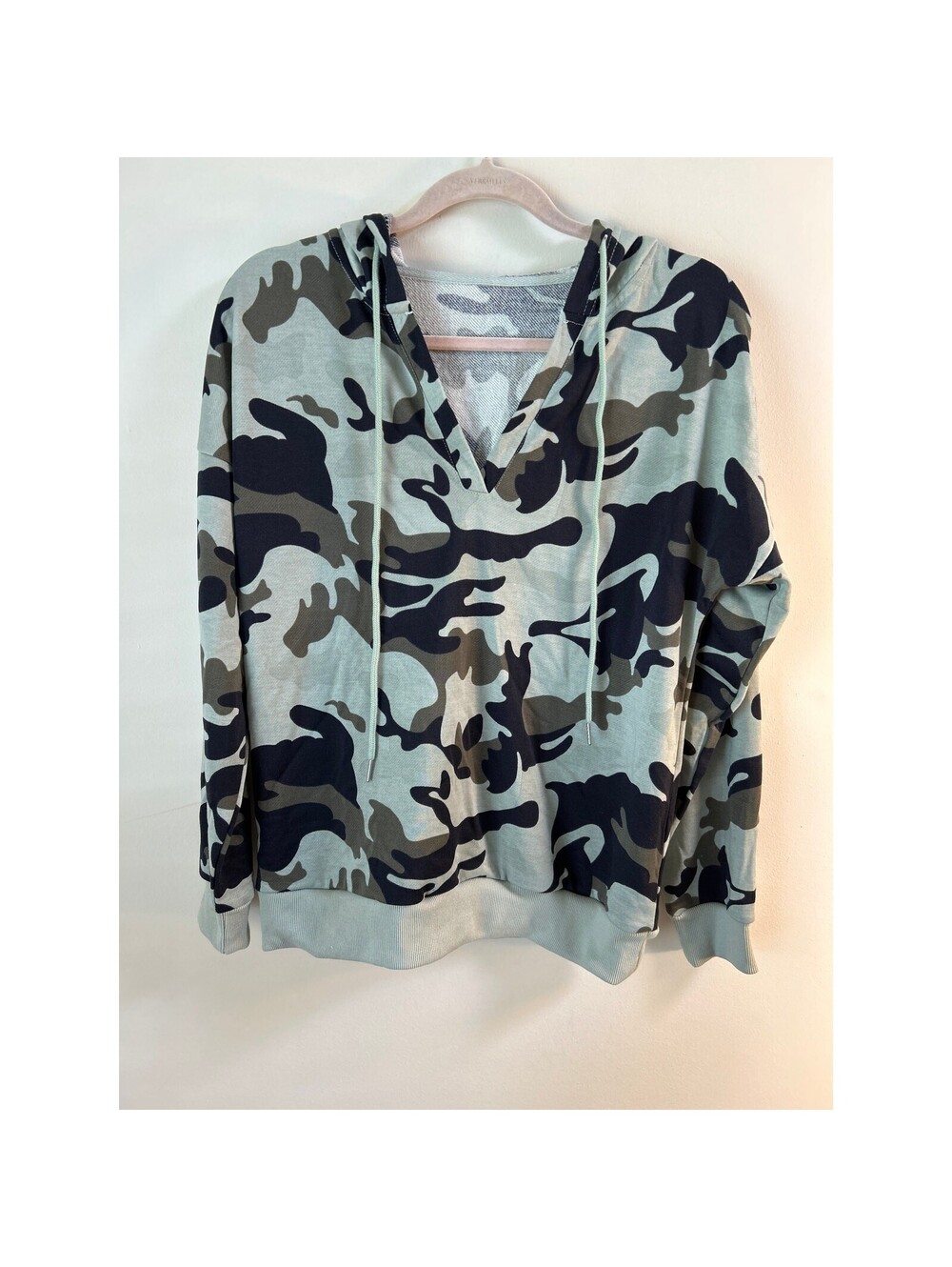 Women's Camo Hoodie Small Green Black V Neck Pullover Military Camouflage